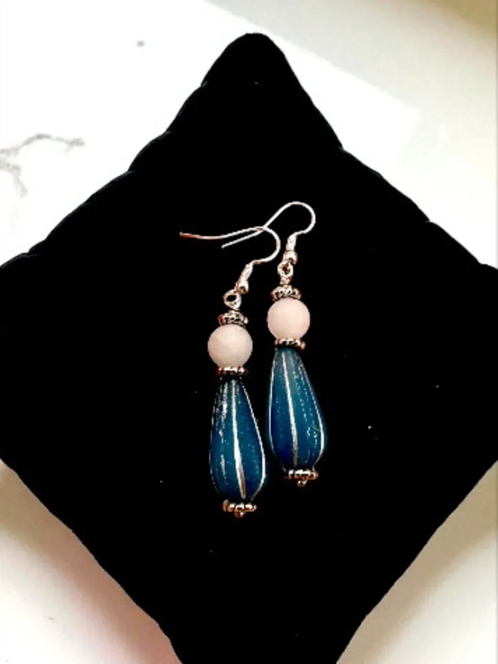 Blue Czech Glass Teardrop Earrings White Jade 925 Sterling Silver Coastal Boho